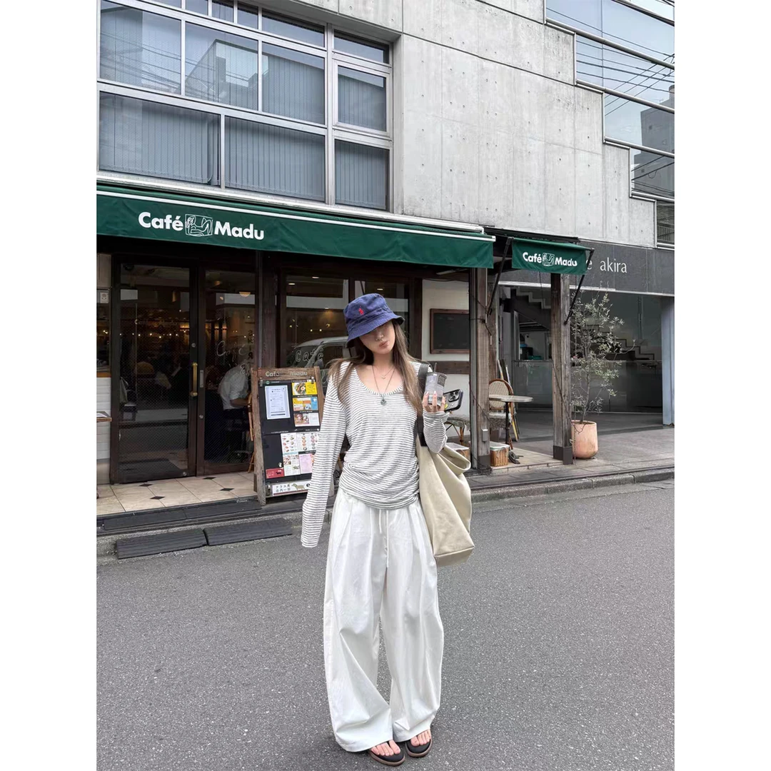 松弛氛围大U领雪花条纹长袖T+休闲长裤Z 9011#