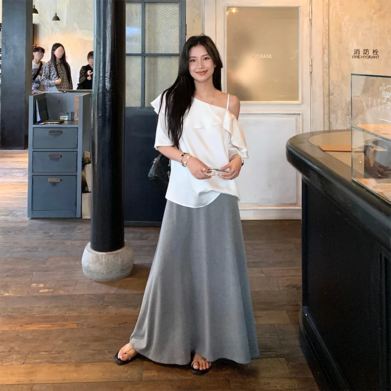 2025高腰灰色半身裙长款女夏季垂感宽松百搭显瘦果冻空气层伞裙