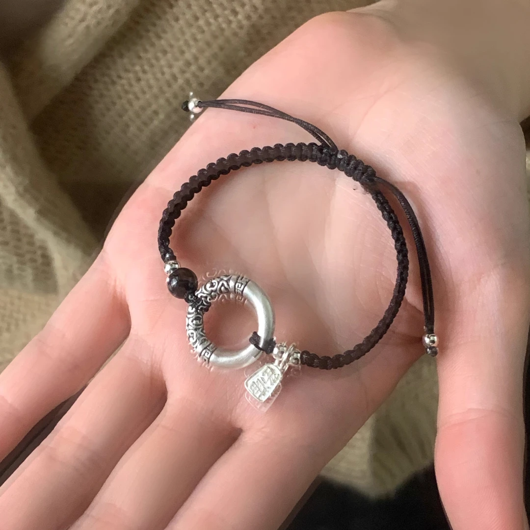 足银手链 999足银祥云平安扣加相思豆手链新中式国潮七夕情人礼物