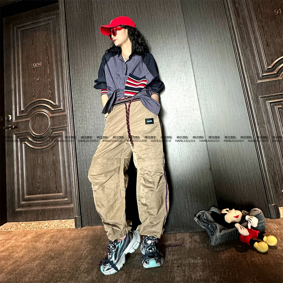 欧货百搭高腰宽松大码裤子女潮牌松紧腰工装裤显瘦百搭直筒长裤酷