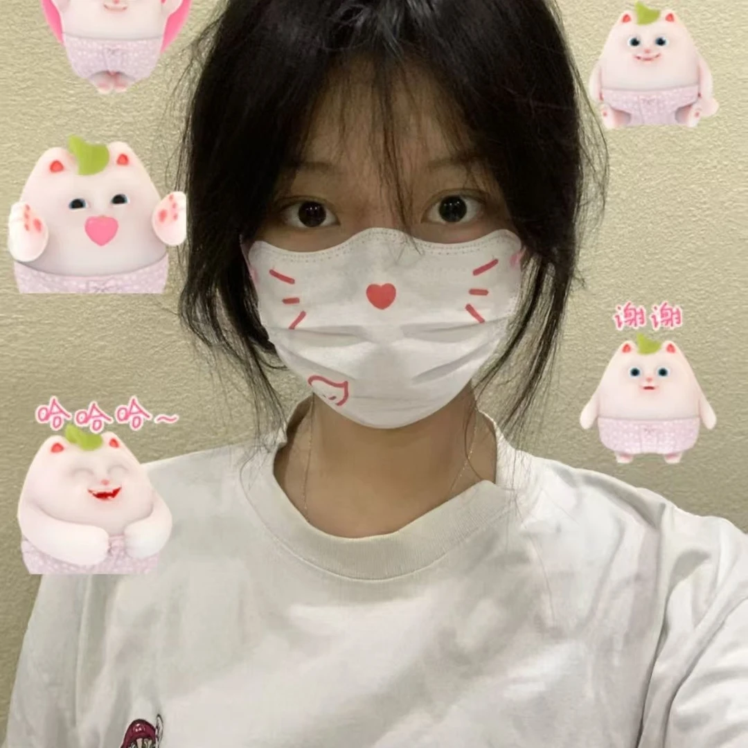 网红透气显脸小印花一次性粉色玉桂狗高颜值白色卡通口罩时尚情侣