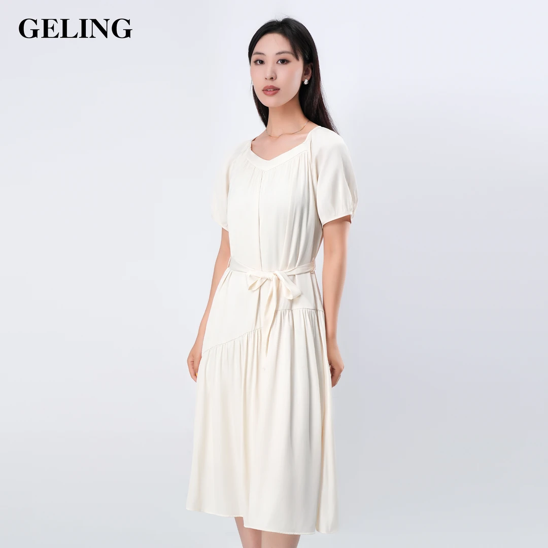 GELING/歌&玲长款白色度假裙人棉纯色显瘦收腰连衣裙G504M339L