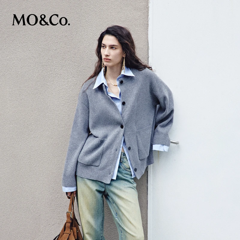 MOCO针织外套2025秋新品绵羊毛假两件开衫拼接衬衫宽松MBE3CART11