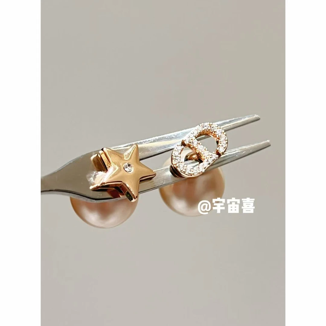 铜合金锆石耳饰  B2-103【粉金ab贝珠五角星猪鼻子白锆前后耳钉】