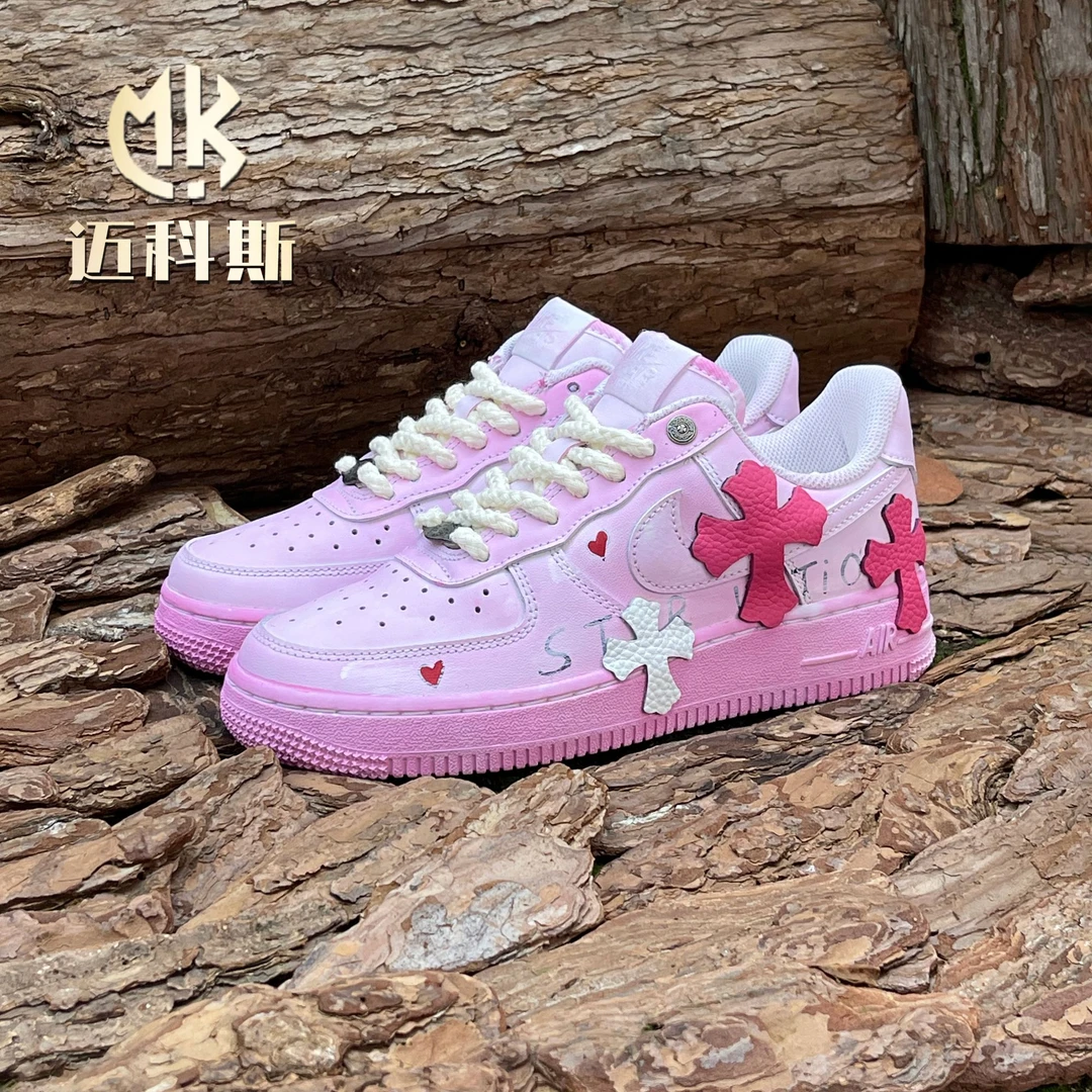 Nike耐克AirForce1空军一号AF1定制款克罗心风格粉色浸染运动球鞋