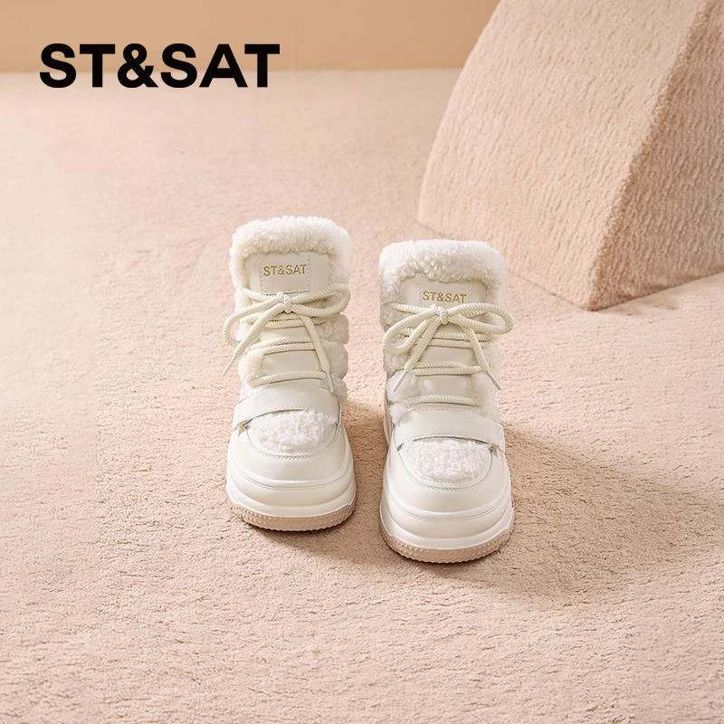 星期六毛毛雪地靴保暖东北棉靴女鞋2025新款冬季白色厚底加绒短靴