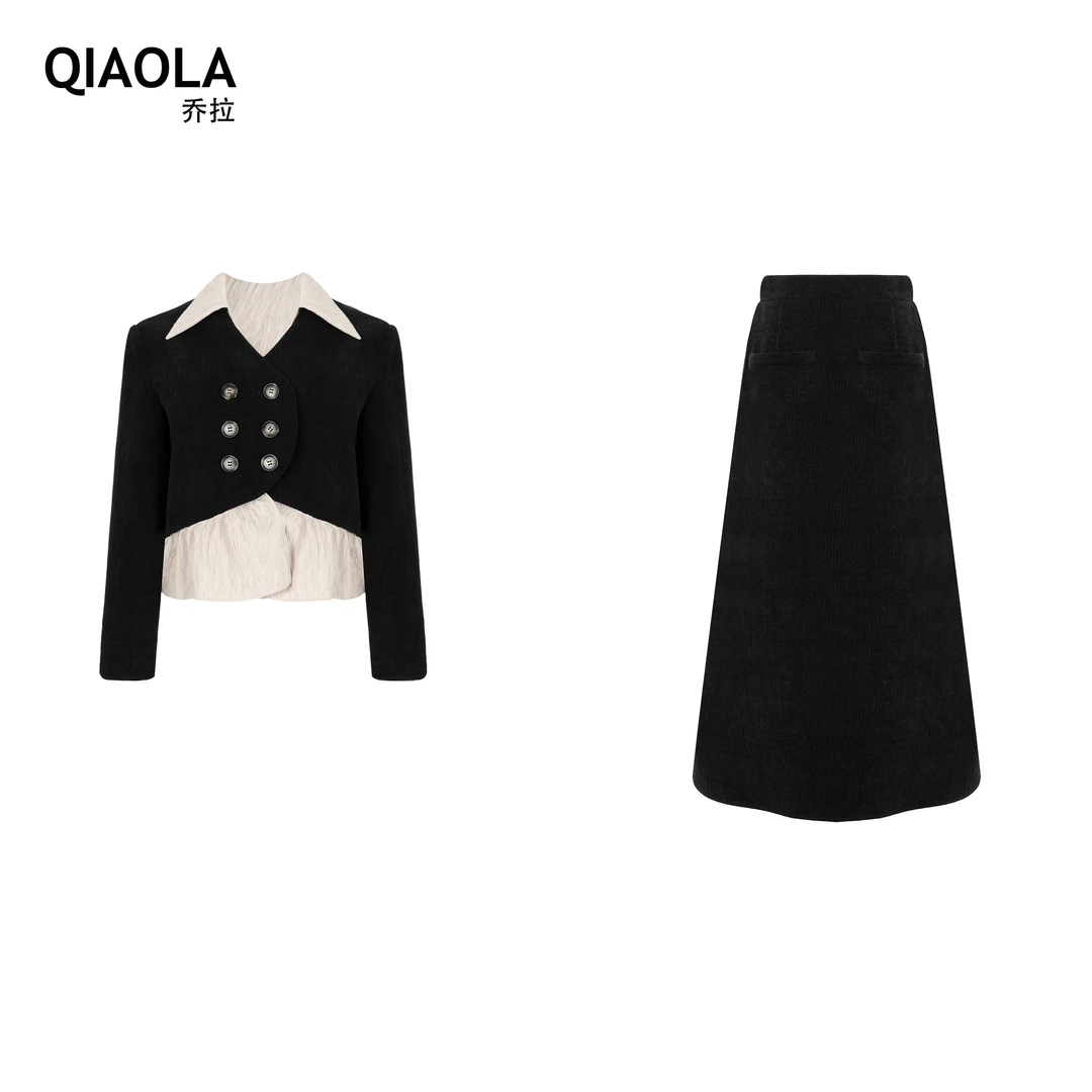 QIAOLA/乔拉【月亮船】小众设计秋冬款灯芯绒假两件拼接套装预售