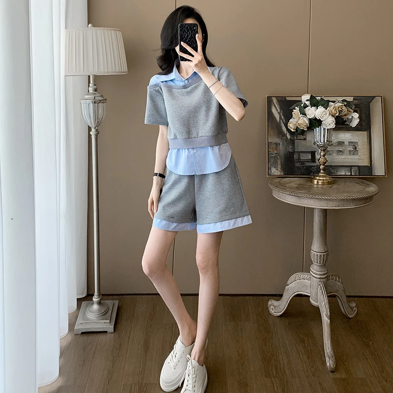 爆款灰色休闲运动套装女夏小个子气质设计感假两件衬衫领短袖短裤