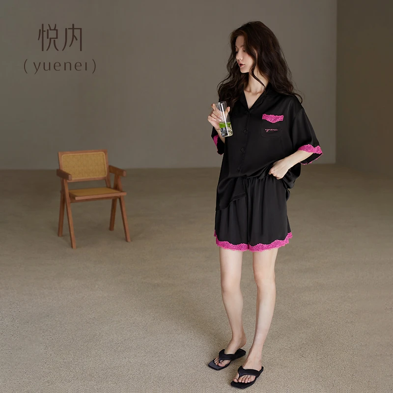 悦内睡衣女款春夏季冰丝短袖短裤家居服人工缝制小蕾丝黑色高级感