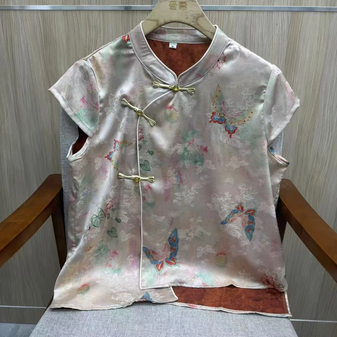 【粉黛】夏季新中式印染短袖常规款衬衫外套复古工装风1105