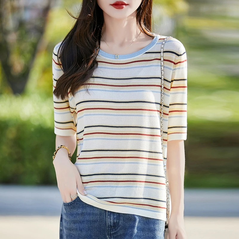 小森林·莱赛尔撞色条纹宽松针织短袖女夏