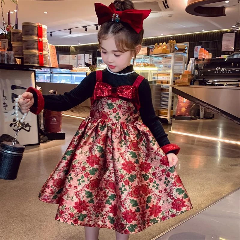 FAVMARTHA女童连衣裙冬装2025新款洋气儿童碎花吊带公主裙小女孩