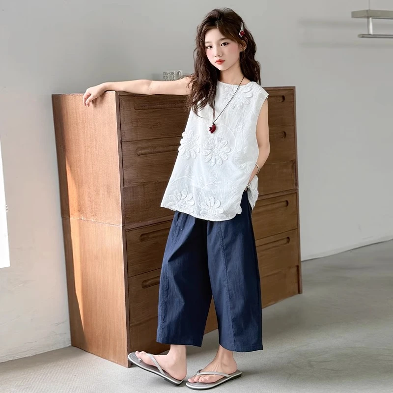 女童夏装无袖套装2025新款大童夏装韩系背心上衣儿童阔腿裤两件套