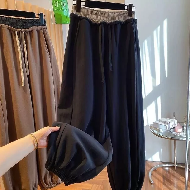 大码胖撞色松紧腰设计小众宽松高腰休闲卫裤女秋装哈伦裤束脚裤
