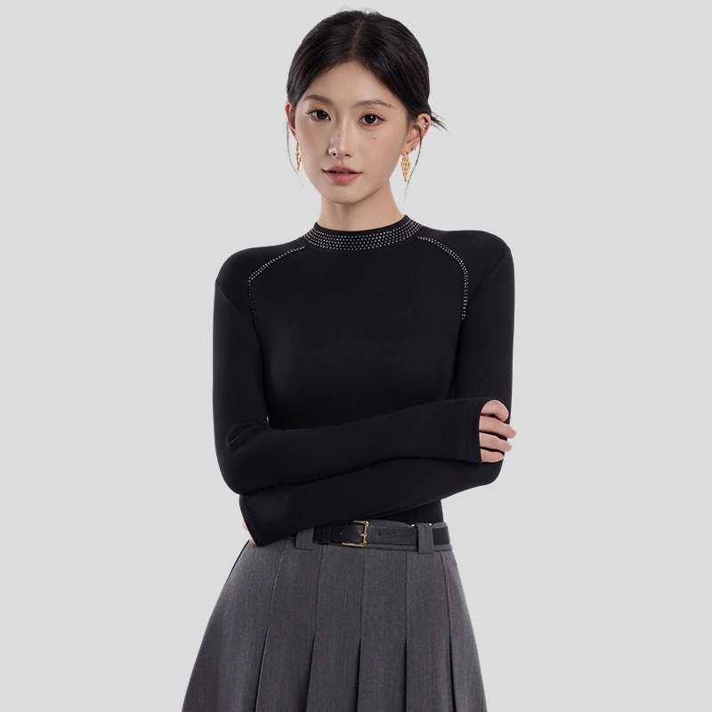 秋冬纯色烫钻时尚气质设计感女士T恤显瘦德绒打底衫