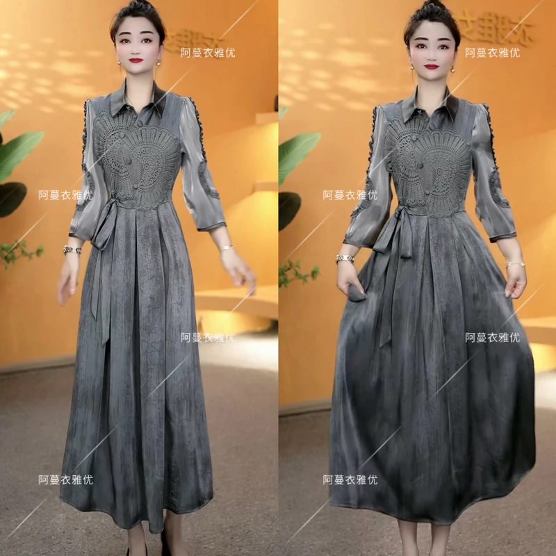【衣雅严选】8085-1507新款重磅桑丝琉璃段花边刺绣中袖连衣裙