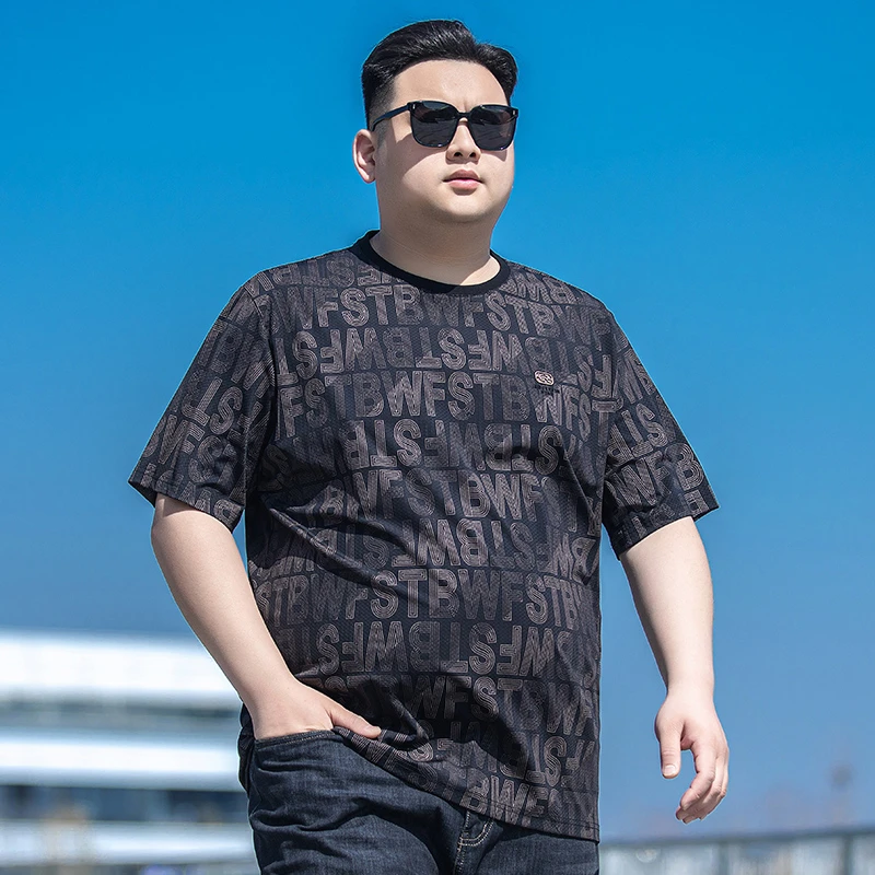 加肥加大码冰丝t恤男短袖夏季满印字母半袖上衣凉感透气肥佬半袖