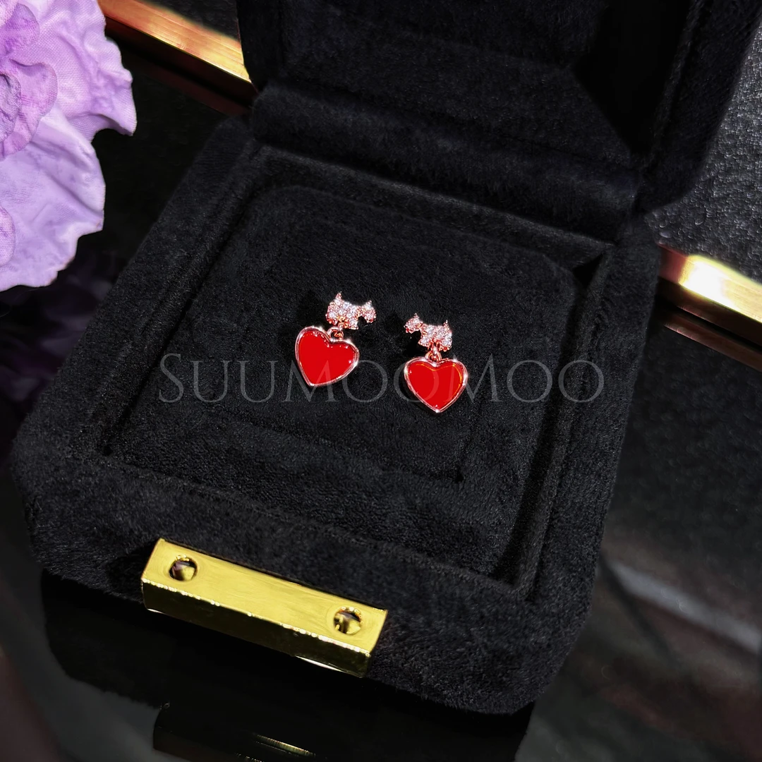 铜合金合成锆石耳饰 法式时尚满钻小狗爱心吊坠耳环