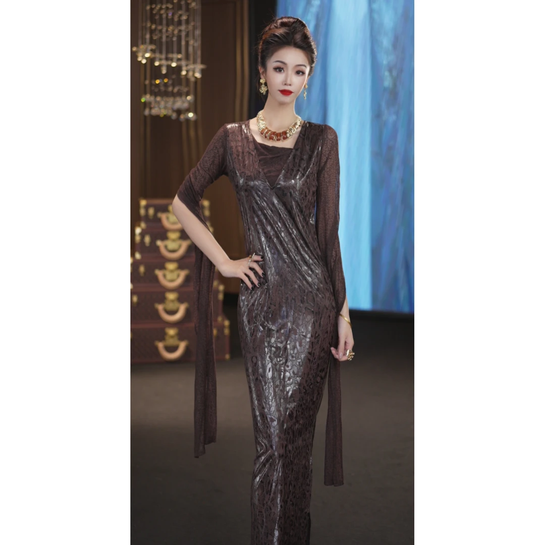 YINGHOU【西西】长袖高贵轻奢法式设计师连衣裙D2268