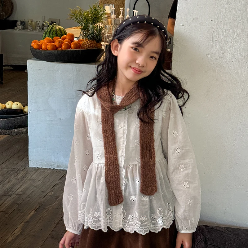 女童衬衫秋季2024新款花边时尚镂空气质童装百搭上衣春秋SY575