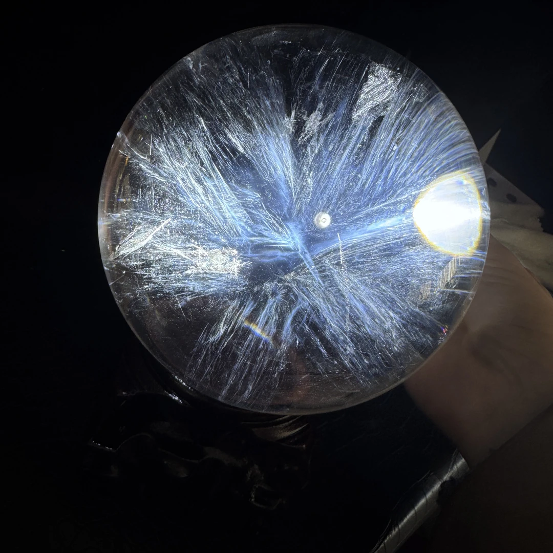 天然烟花蓝针透体白水晶球摆件办公居家店铺开业生日收藏乔迁礼品