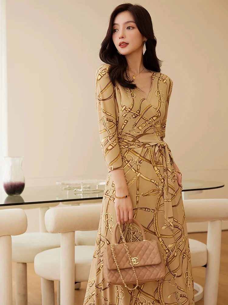 SML-南油夏季弹力丝设计复古印花裹身连衣裙Z920