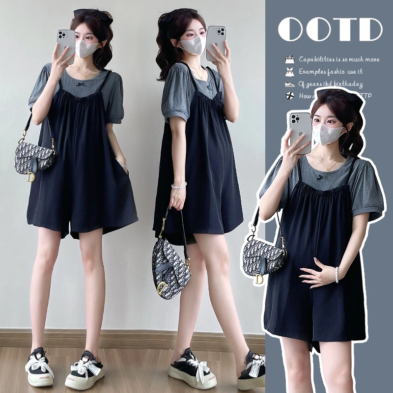 孕妇夏装套装两件套2025新款夏季短袖上衣背带短裤夏款孕早期穿搭