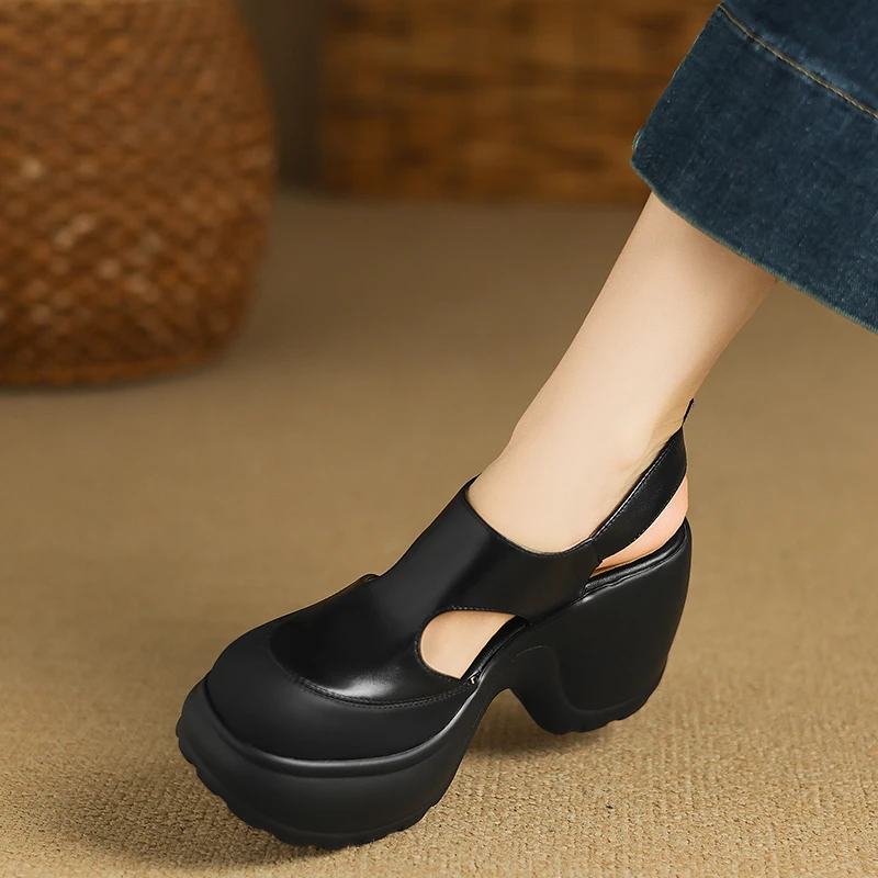 增高10厘米厚底坡跟包头凉鞋女夏季头层牛皮防水台镂空罗马高跟鞋