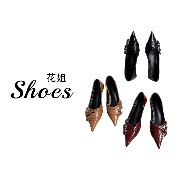 欧美风尖头小皮鞋女2025秋季新款个性扣带低跟潮流单鞋