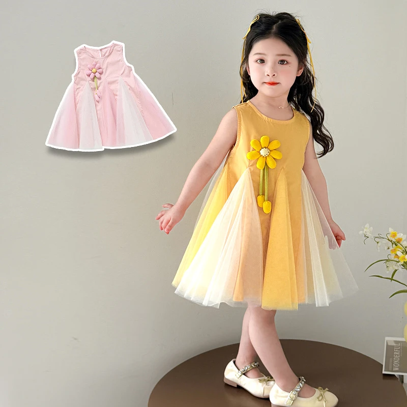女童网纱连衣裙夏季2025新款潮儿童立体花裙子夏装女孩背心裙洋气