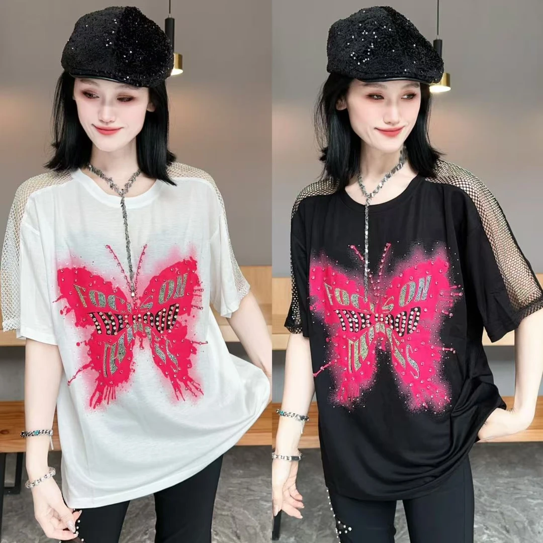 【YJ·高定】2025夏季薄款百搭显瘦镂空烫钻圆领半袖上衣女 YY2809