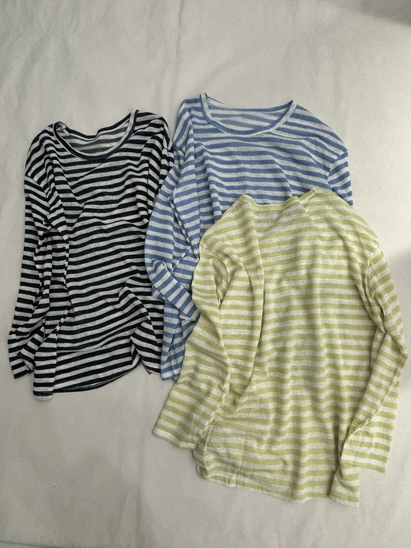 [王小二]122韩版宽松休闲百搭慵懒风圆领条纹大T