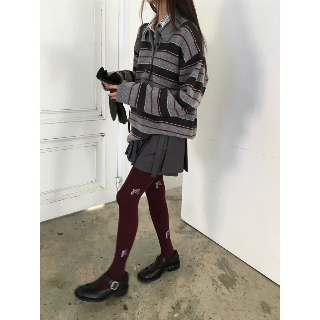 【韩原】2025春季新款韩国设计师bre*the复古翻领条纹Polo毛衣