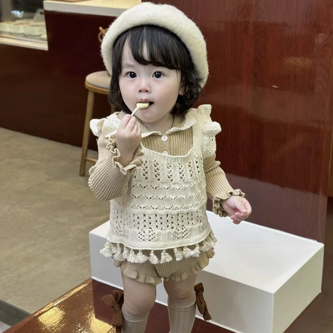 【春款】女童婴幼儿ins针织连体翻领爬服春秋坑条长袖撞色哈衣