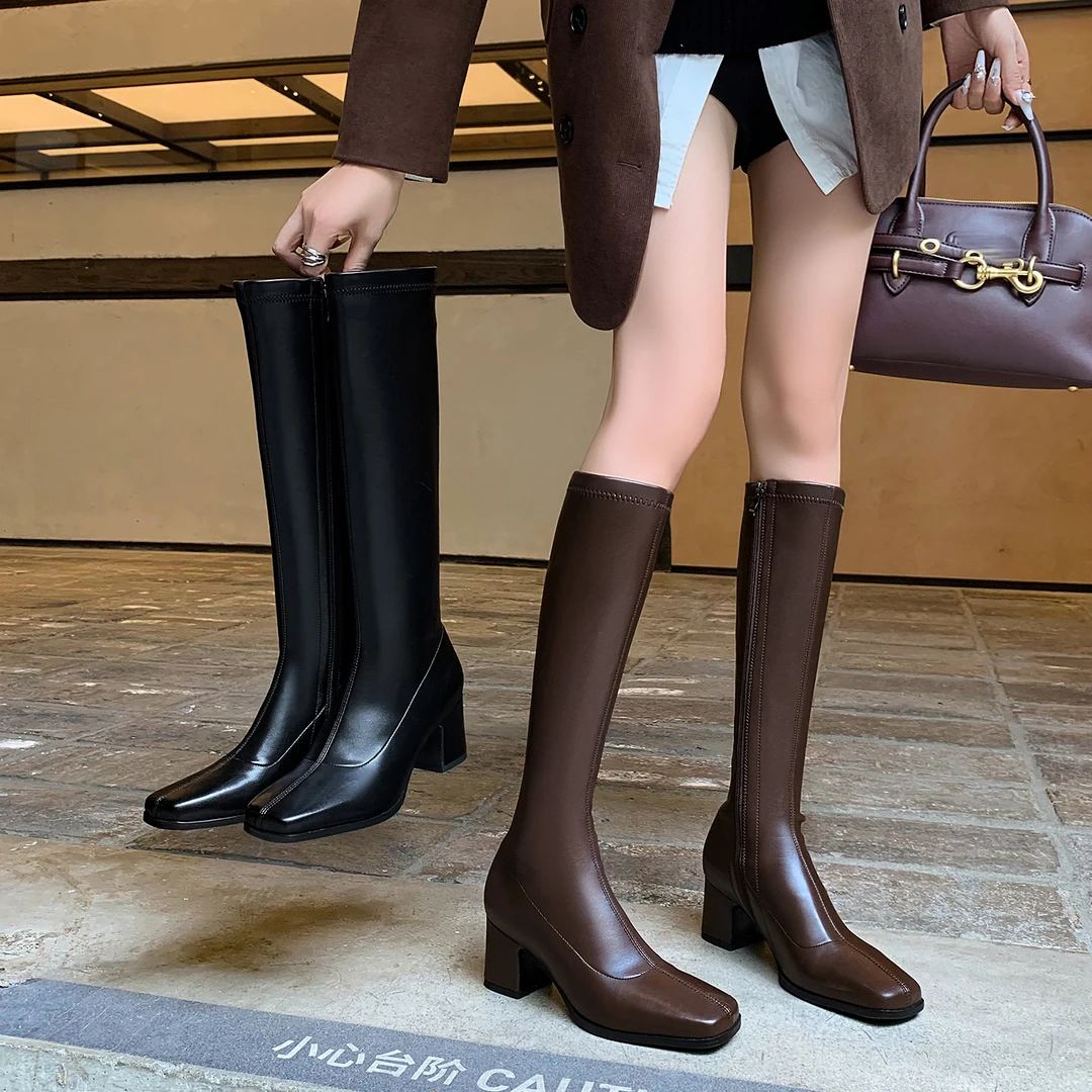 VICEN FIFI/5.5cm高筒不过膝长靴女加绒显瘦弹力靴粗跟长筒瘦瘦靴