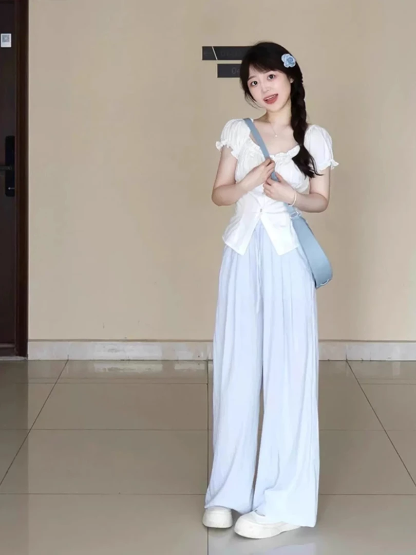 夏季女装时尚韩系氛围感miu系穿搭学院晚晚风清纯甜美阔腿裤套装