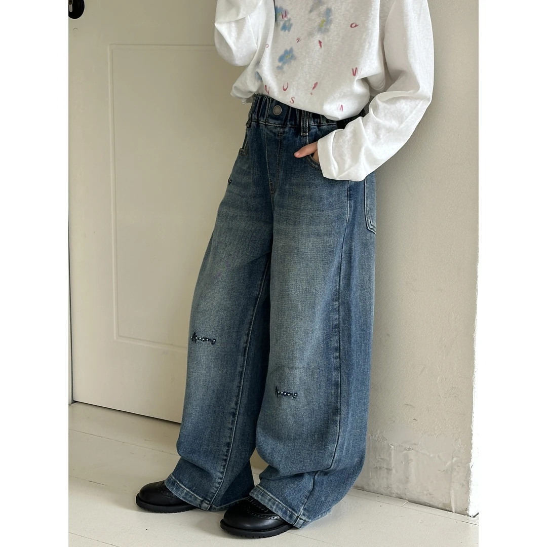 女童牛仔裤春秋款2025新款百搭秋装洋气休闲裤子烫钻字母直筒裤