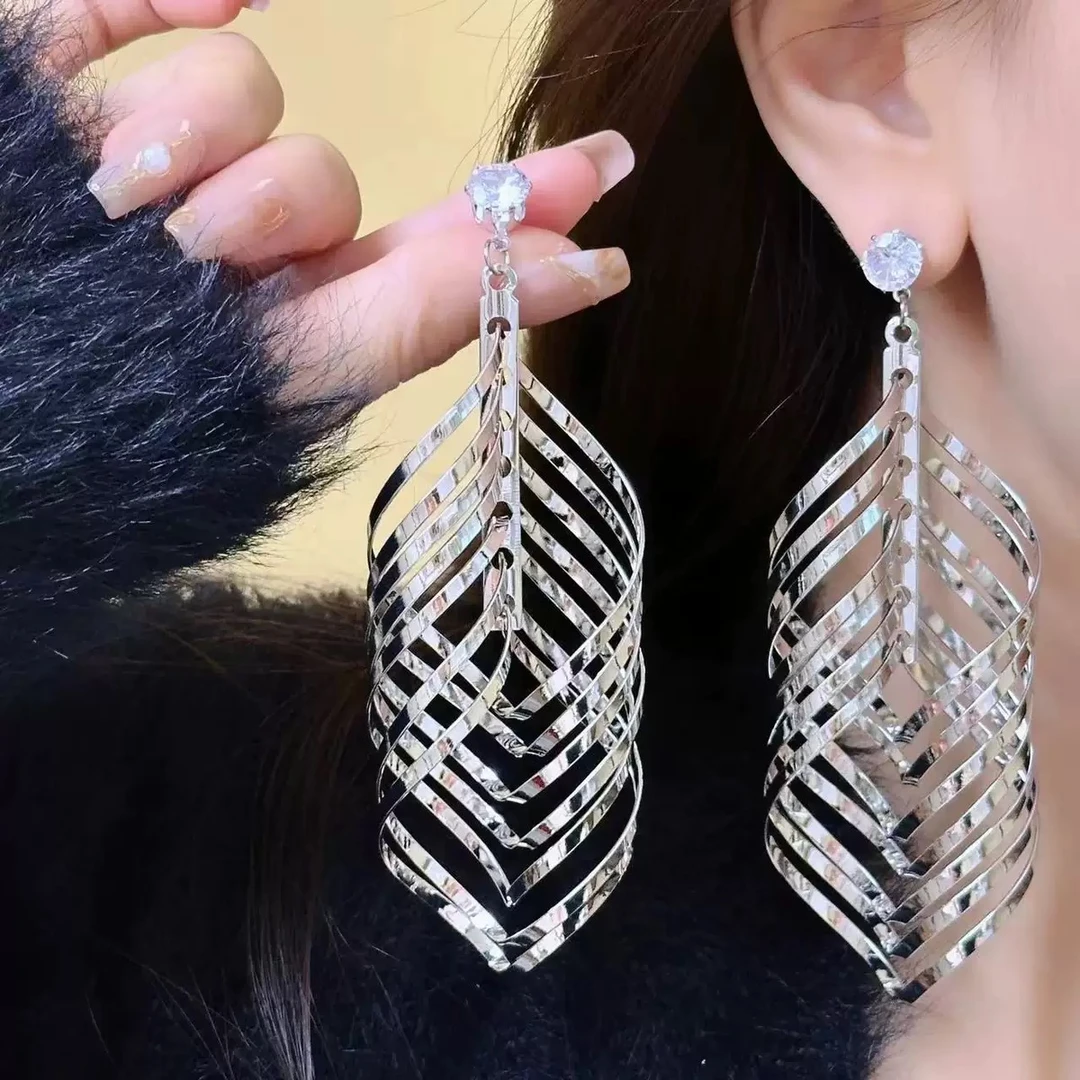 合金锆石耳饰 千金风几何银色长流苏耳钉爆闪锆石耳饰