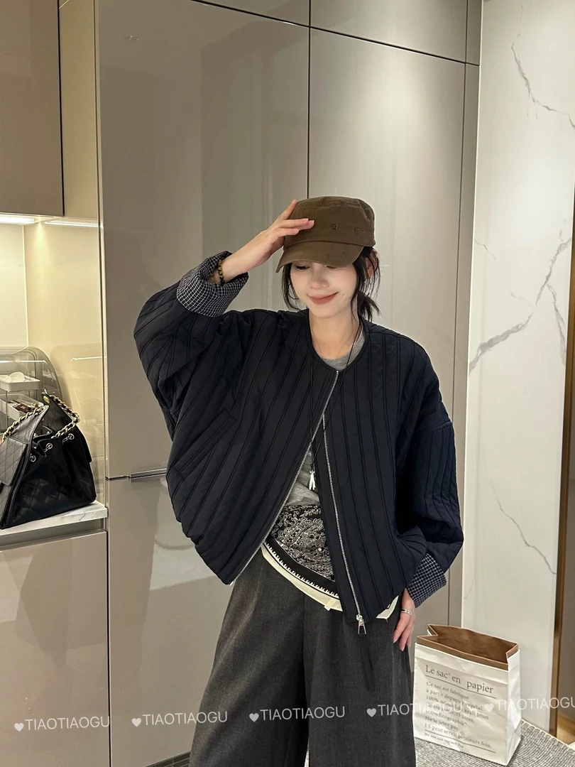 压棉外套女短款2025秋冬新款宽松显瘦竖条纹薄棉服格子拼接上衣潮