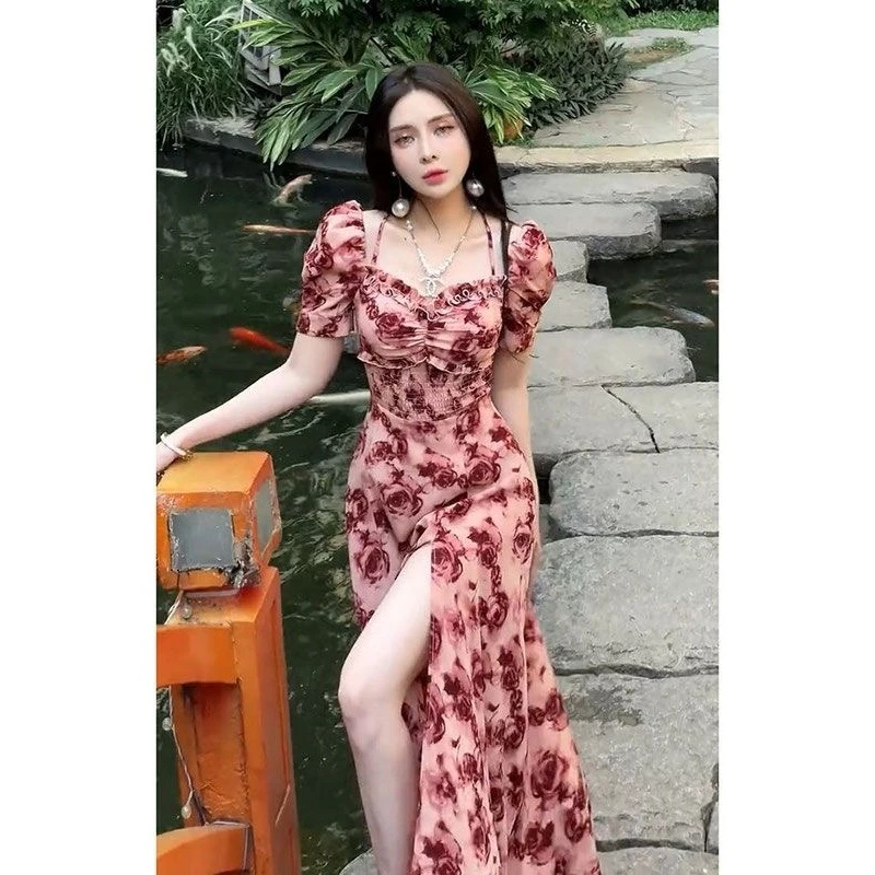 【蔷薇之恋】300斤大码女装小众设计感开叉连衣裙春季新款一字领