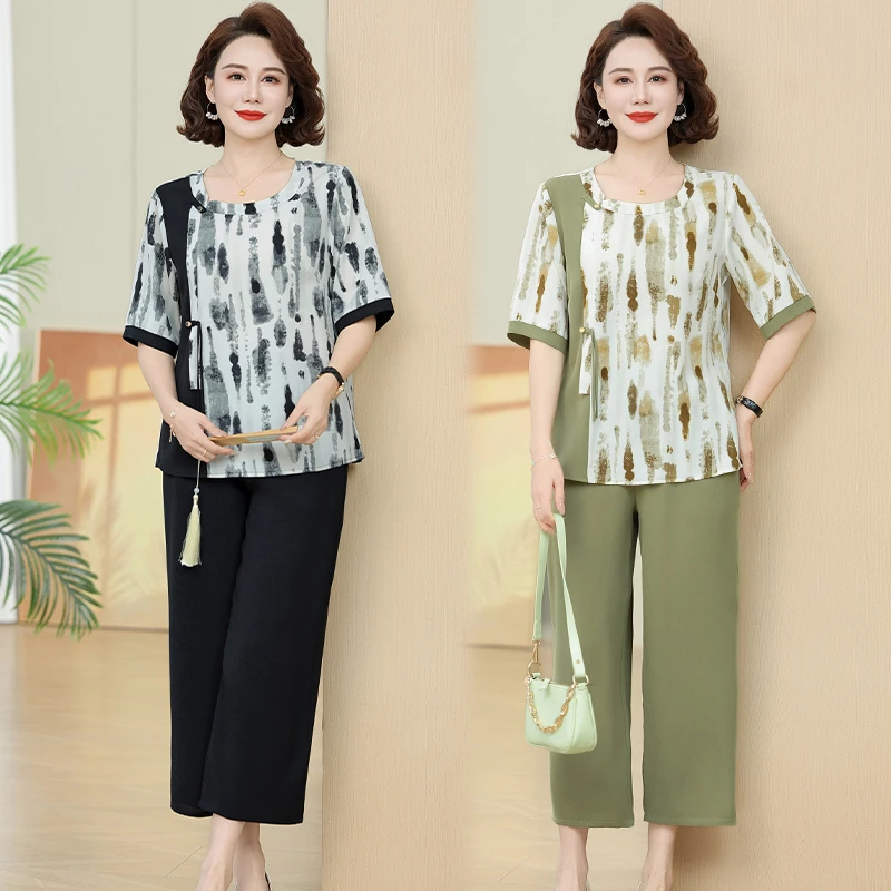 中老年妈妈装夏季新款女装大码短袖上衣裤子套装休闲时尚宽松夏装