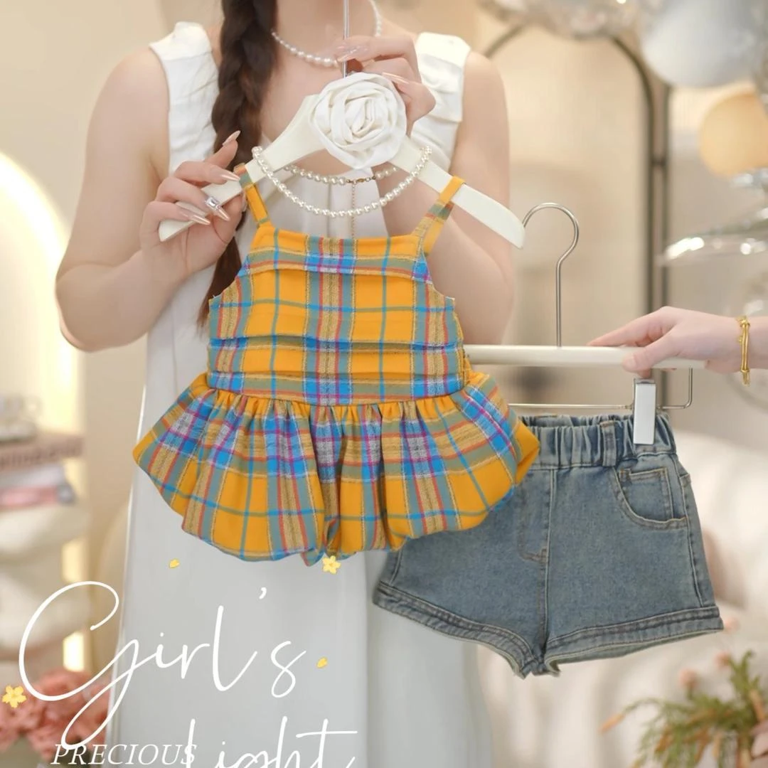 童装女童夏季韩版格子花苞吊带上衣韩系复古洋气女宝宝可爱无袖潮