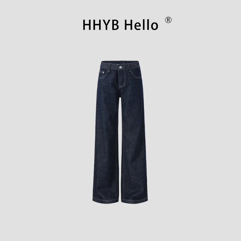 HHYB Hello低腰复古蓝色直筒休闲裤2025新款阔腿长牛仔裤Q254314