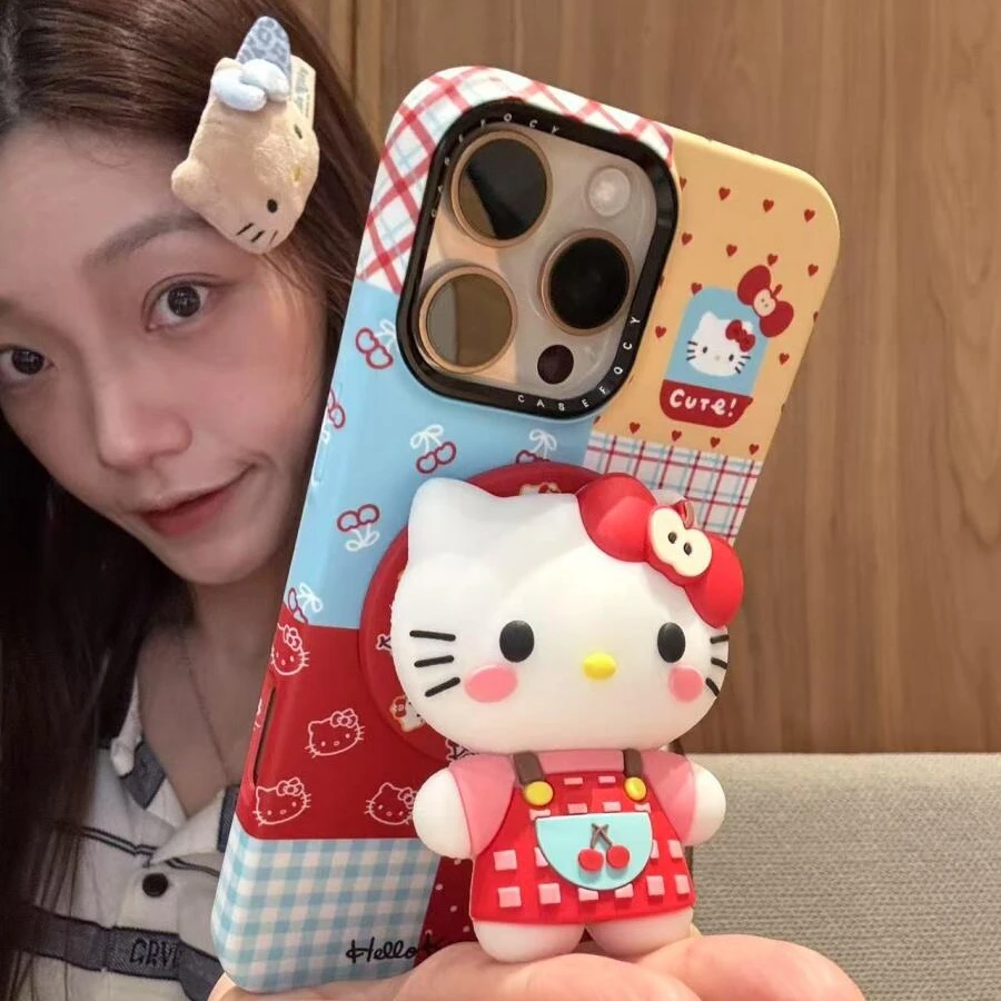 可爱卡通格纹拼接kitty磁吸适用苹果16promax手机壳15保护套1413