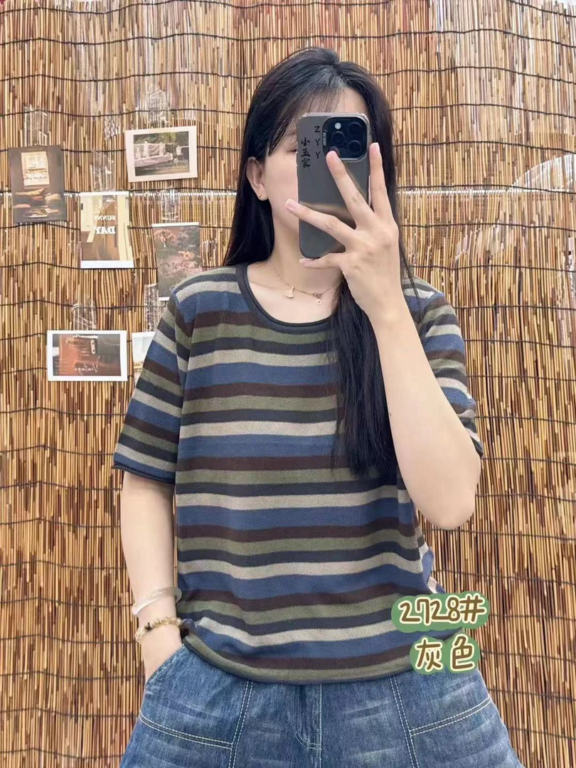 静奢风印花常规短袖森系条纹T恤半袖套头