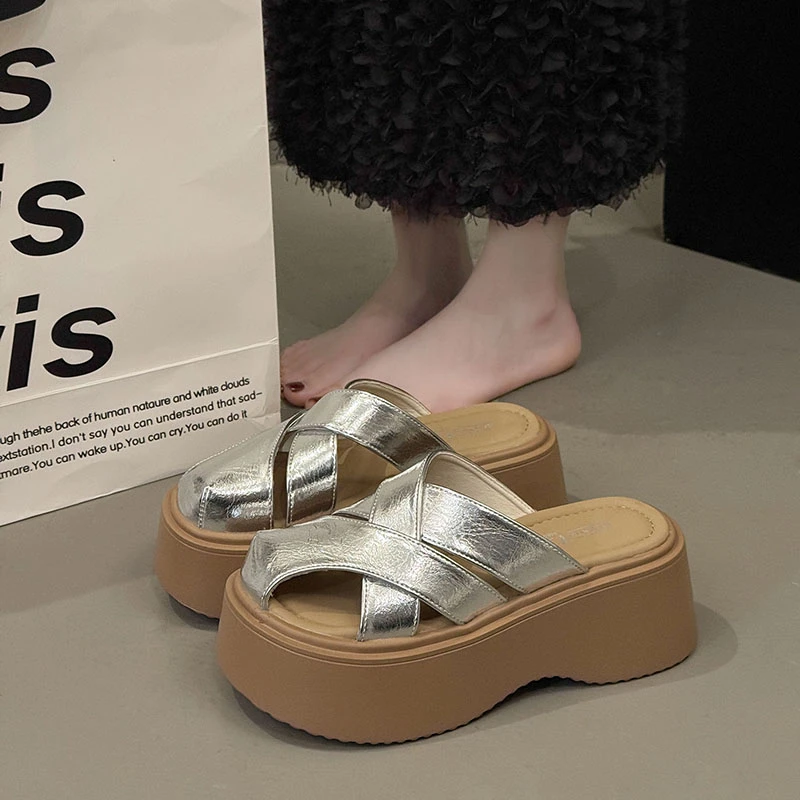 真皮包头半拖鞋女外穿2025夏季新款厚底舒适时尚百搭镂空增高凉拖