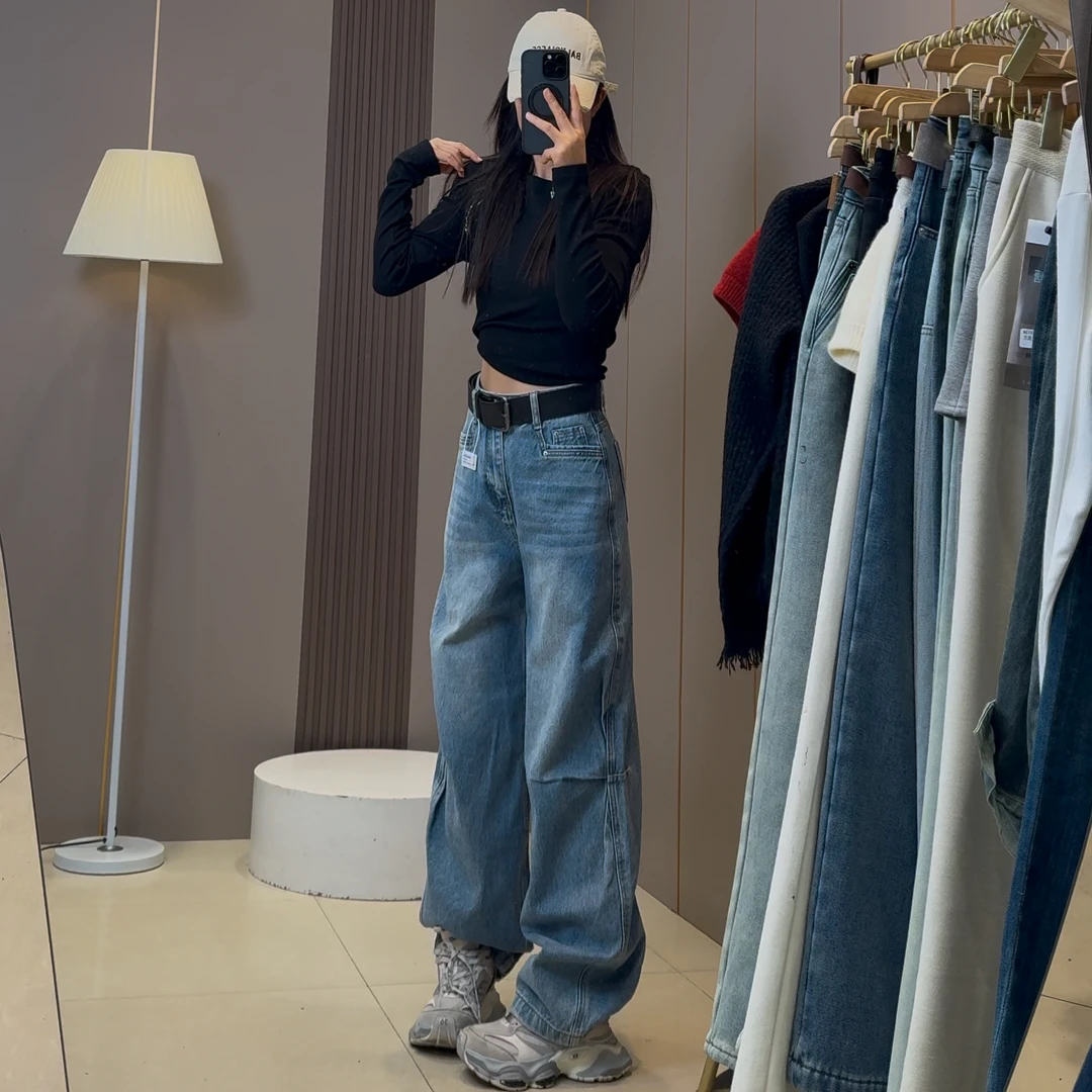 思美乐2025春季休闲长裤水洗无弹力韩版显瘦牛仔弯刀裤裤直筒春季