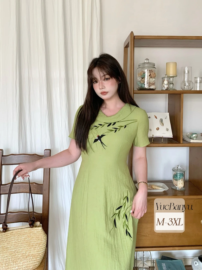 月半鱼【燕归来】新中式印花连衣裙荡领法式短袖夏季气质长裙女