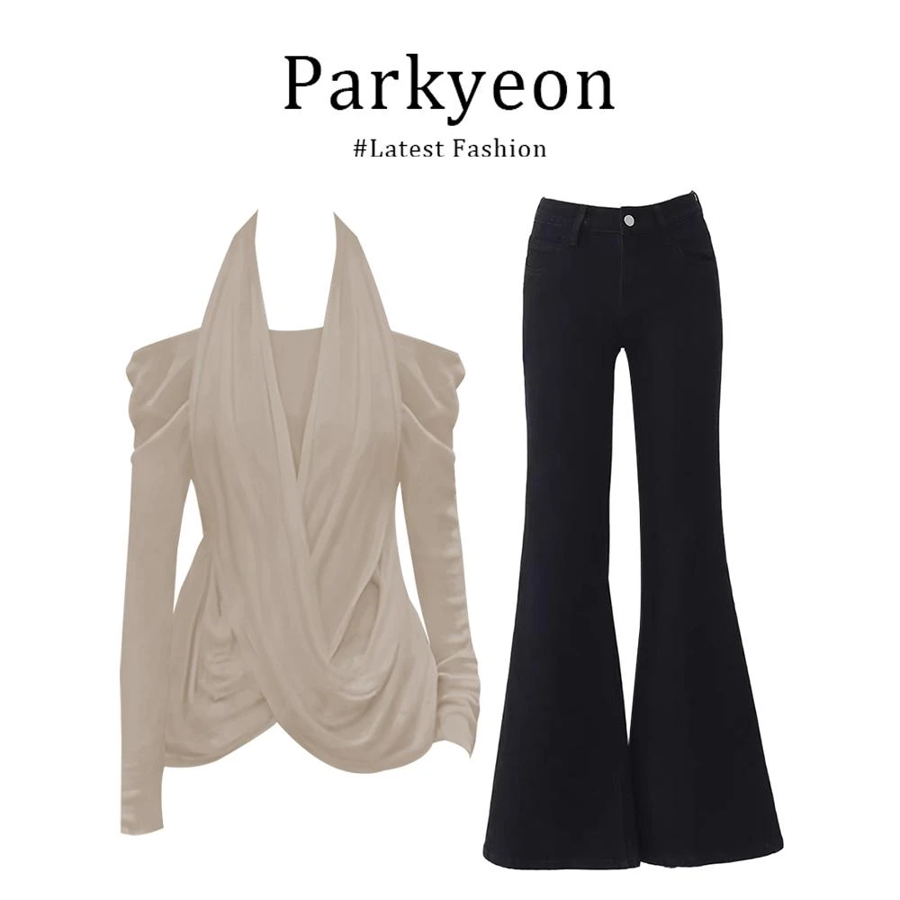 INS CEC法式纯欲风一字肩挂脖长袖上衣女提臀修身微喇裤套装气质