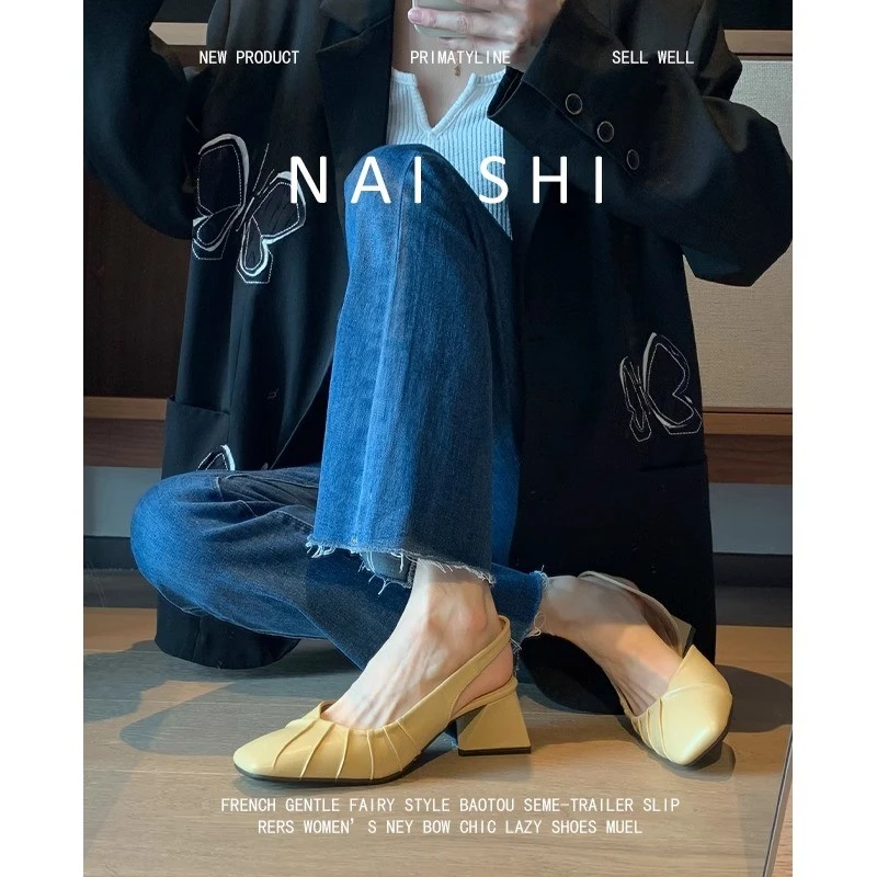 方头一字带凉鞋高跟包头凉鞋中跟外穿粗跟复古半拖春季百搭